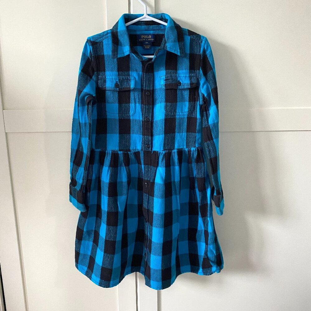 Polo Ralph Lauren Girls Blue & Black Plaid Flannel Shirt Dress Size 6X